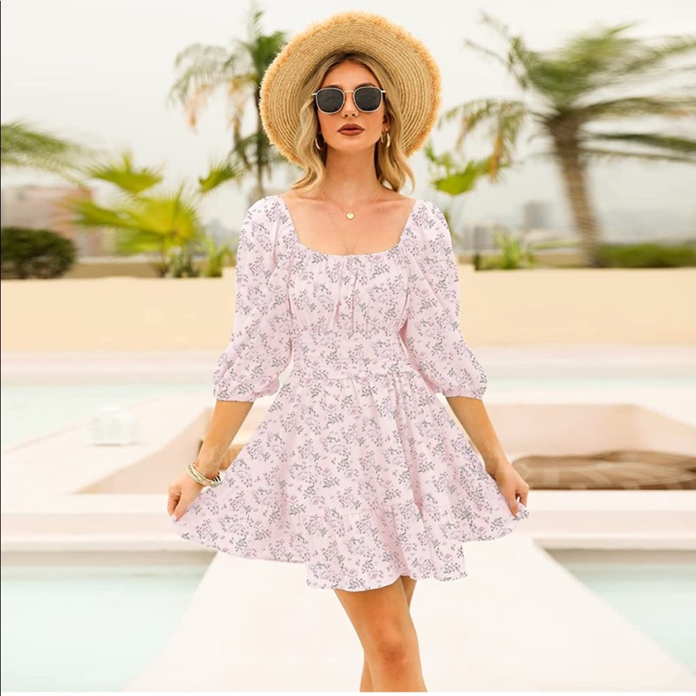 Pink floral lantern sleeve tie back dress